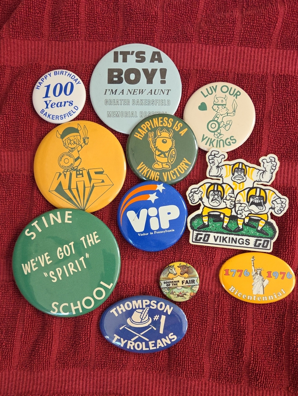 Lot Of 11 Vintage Button Pinbacks - School, Historical, Viking Mascot